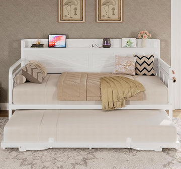 Twin Daybed with Pop Up Trundle & Charging Station & Storage Shelf | Pop Up Trundle with Smooth Wheels, Strong