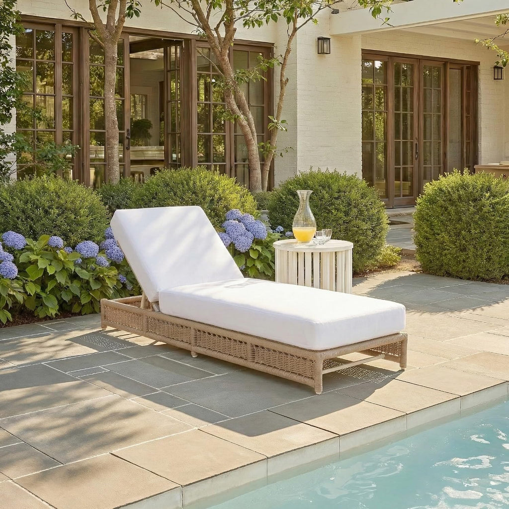 Outdoor Patio Furniture Collection - Callan Tan Rope & White Cushion Lounger, Fully Assembled Outdoor Chaise, Modern