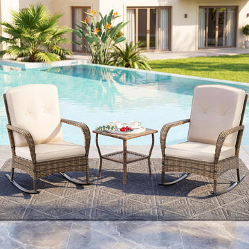 3-Piece Wicker Rocking Bistro Set, Outdoor Rattan Chairs | Rattan Table Design | Cushioned Rocking Chairs | Outdoor