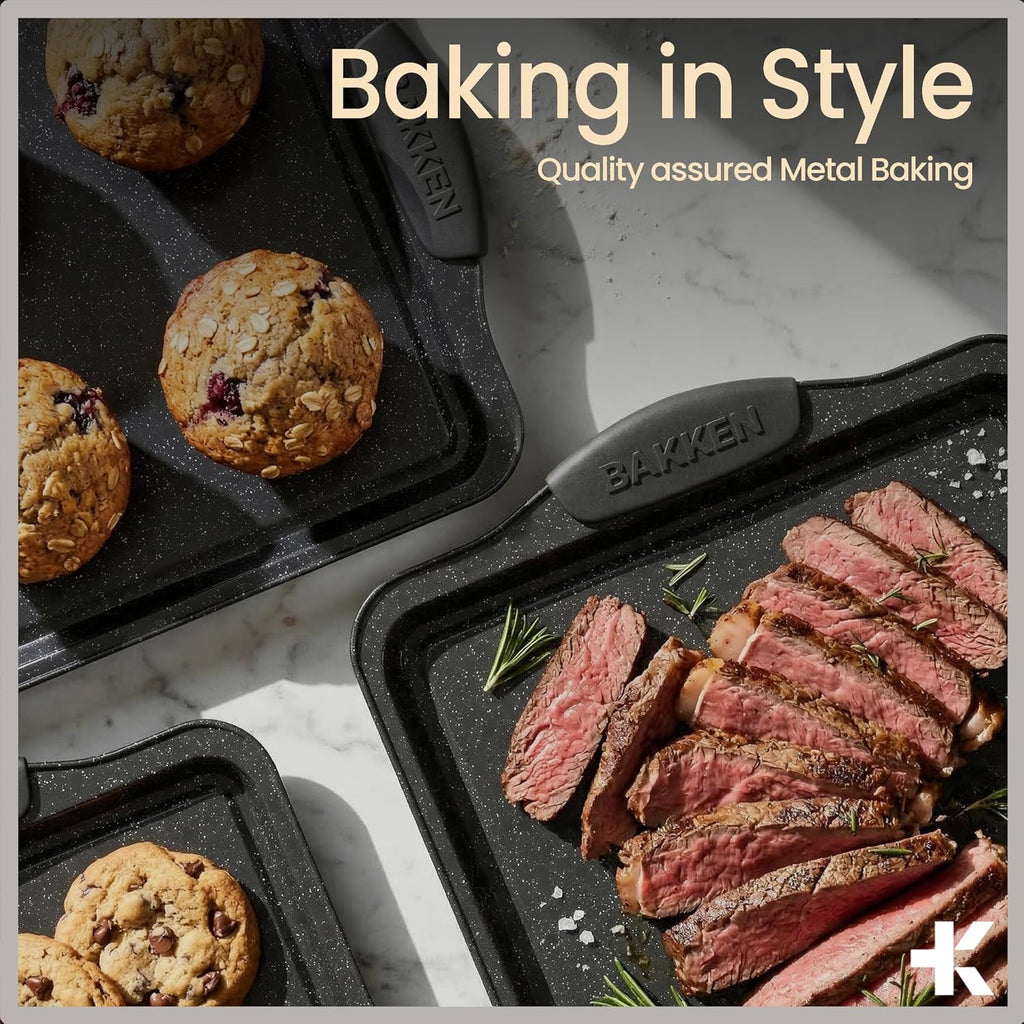 6-Piece Nonstick Gray Marble Coated Bakeware Set - Professional Quality Carbon Steel Pans with Silicone Handles