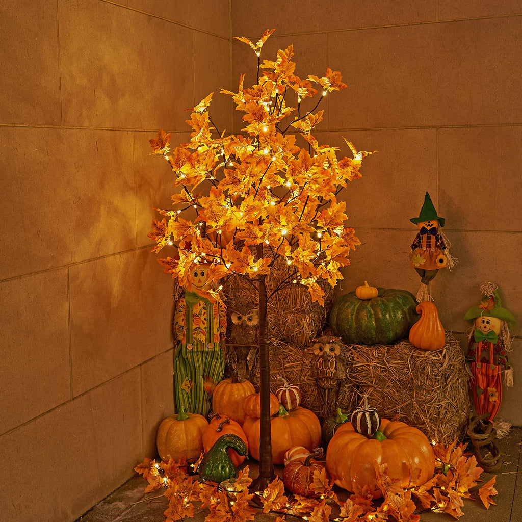 5FT 96LED Artificial Lighted Maple Tree Warm White Halloween Fall Decorations Indoor Ourdoor, Orange