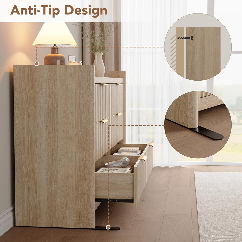 6 Drawer Dresser , Fluted Dressers with Rounded Edge & Raised Lip Top, Anti-Tip Chest of Drawers , Natural Oak