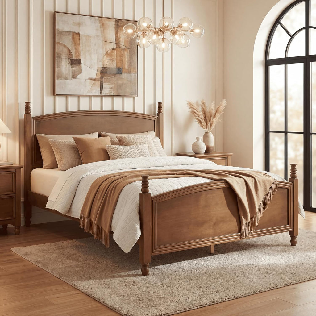 Queen Bed Frame, Solid Wood Platform Bed Frame Queen with Curved Headboard & Footboard, Mid Century Modern Wood