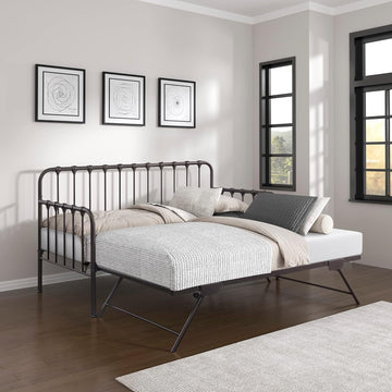 Metal Daybed with Trundle Mattress Foundation with Steel Slat Support, Easy Assembly, Twin Size, Multi-Functional