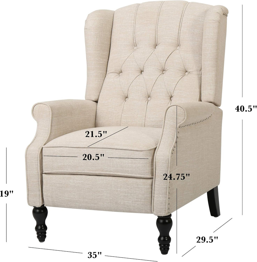 Elizabeth Tufted Fabric Recliner, Vintage Reclining Reading Armchair, Light Beige