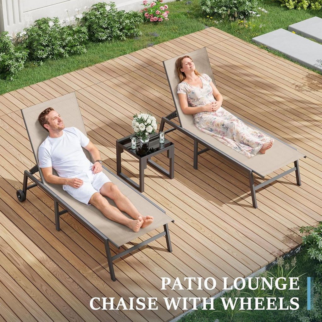 3 Piece Outdoor Lounge Chair Set 2 Patio Chaise Lounges with Wheels | w/Side Table Adjustable 5-Position Reclining