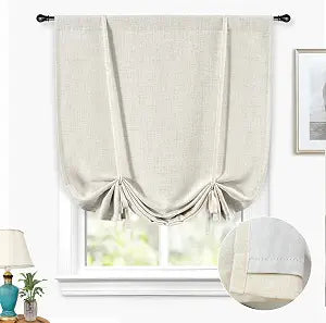 Double Layer Linen Blackout Tie Up Curtains Thermal Insulated Fully Lined Balloon Roman Shade Bathroom Window