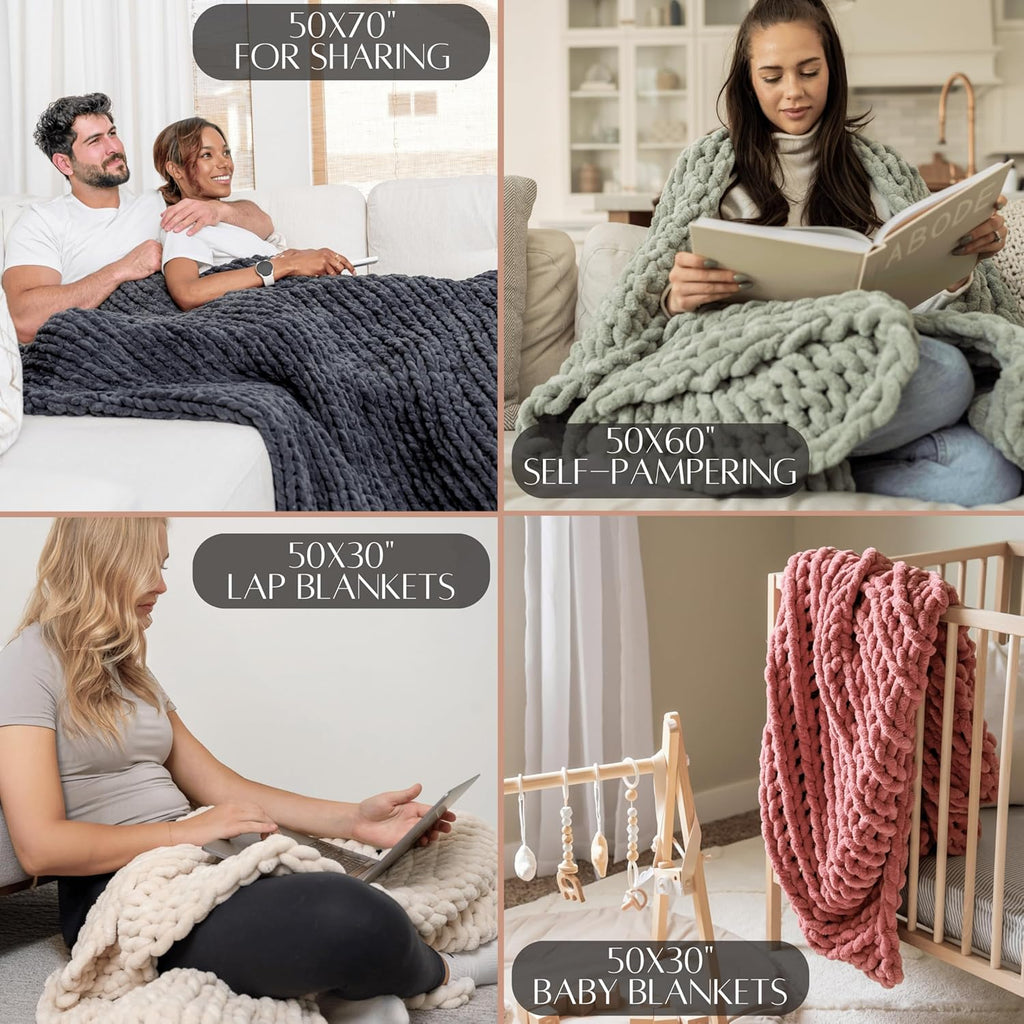Chunky Knit Throw Blanket 50x60, Sage Green Chenille Throw Blanket, Soft Fluffy Cable Knit Blanket, Oeko-TEX