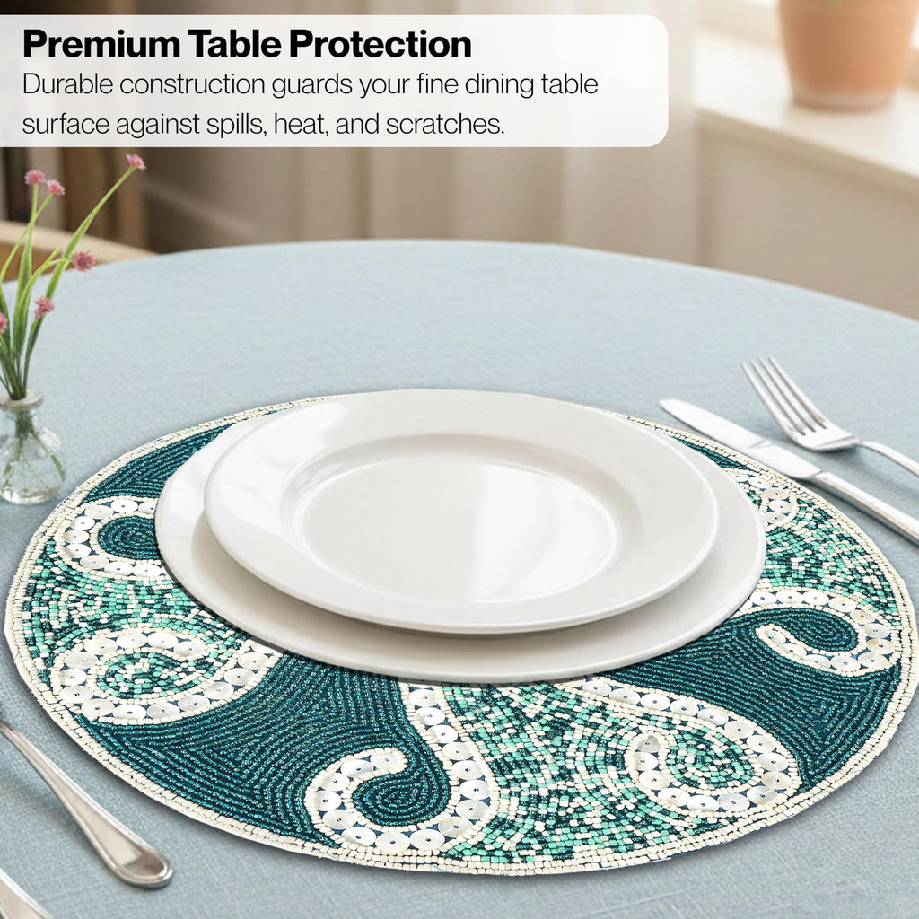 Beaded Placemats 13 Inch Teal Ivory Round Table Mats