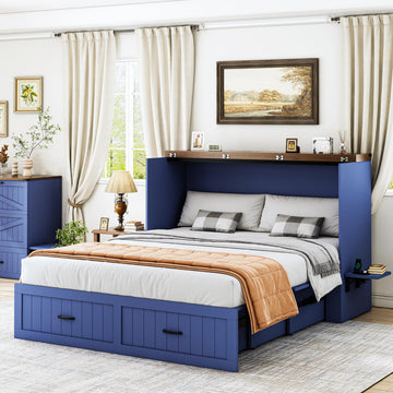 Queen Murphy Bed with Charging Station, Farmhouse Noisy-Free Foldable Cabinet Bed Frame with Storage Drawer, Space