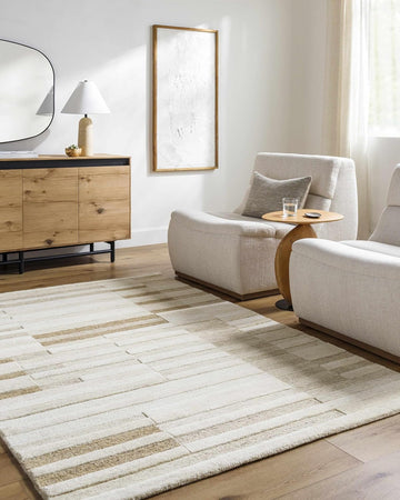 Tavia Wool Area Rug - Striped Broken Geometric Abstract Patchwork - Contemporary Modern Minimalist Transitional