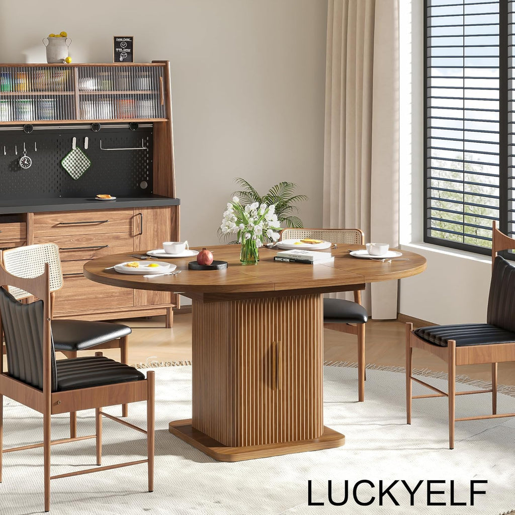 Extendable Round Dining Table for 4-6-8, 59 Inch Dining Room Kitchen Table with Storage, Fluted Wood Slide Door