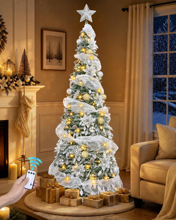 6Ft Pop Up with 200 Lights, Flocked Xmas Tree Prelit