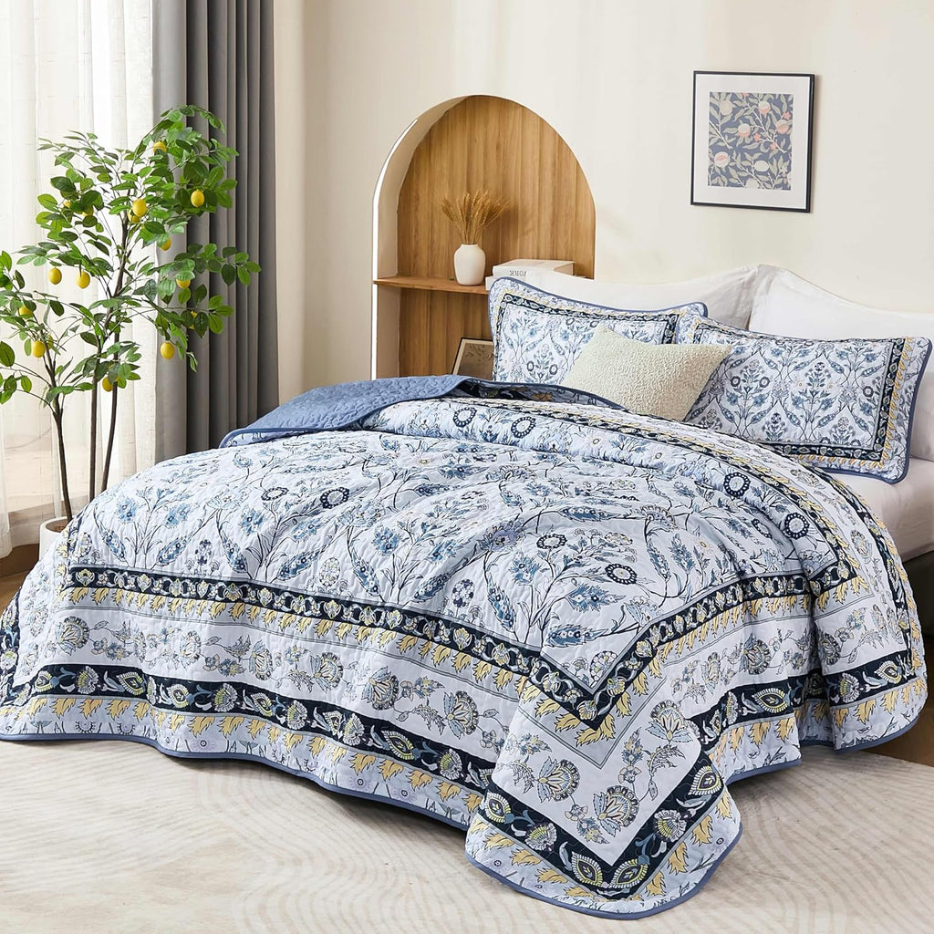 Quilt Sets, Navy Blue Floral Quilt Set 3 Pieces Boho Bedspread Coverlet Set with 2 Pillowcases Soft