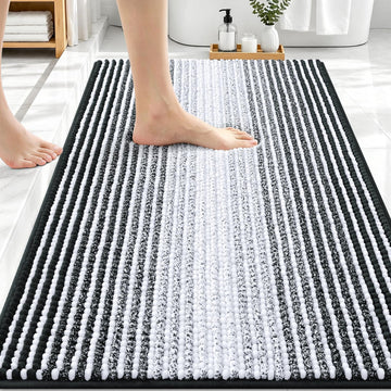 Bathroom Rugs 30x20, Soft Chenille Striped Bath Rugs, Black