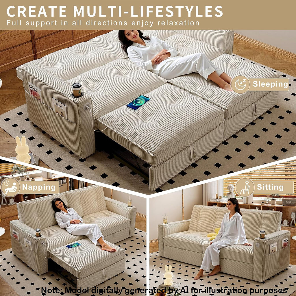 73.2'' Sleeper Sofa Full Size, Pre-Assembled Corduroy Futon, Beige | Convertible Pull Out Couch with Adjustable