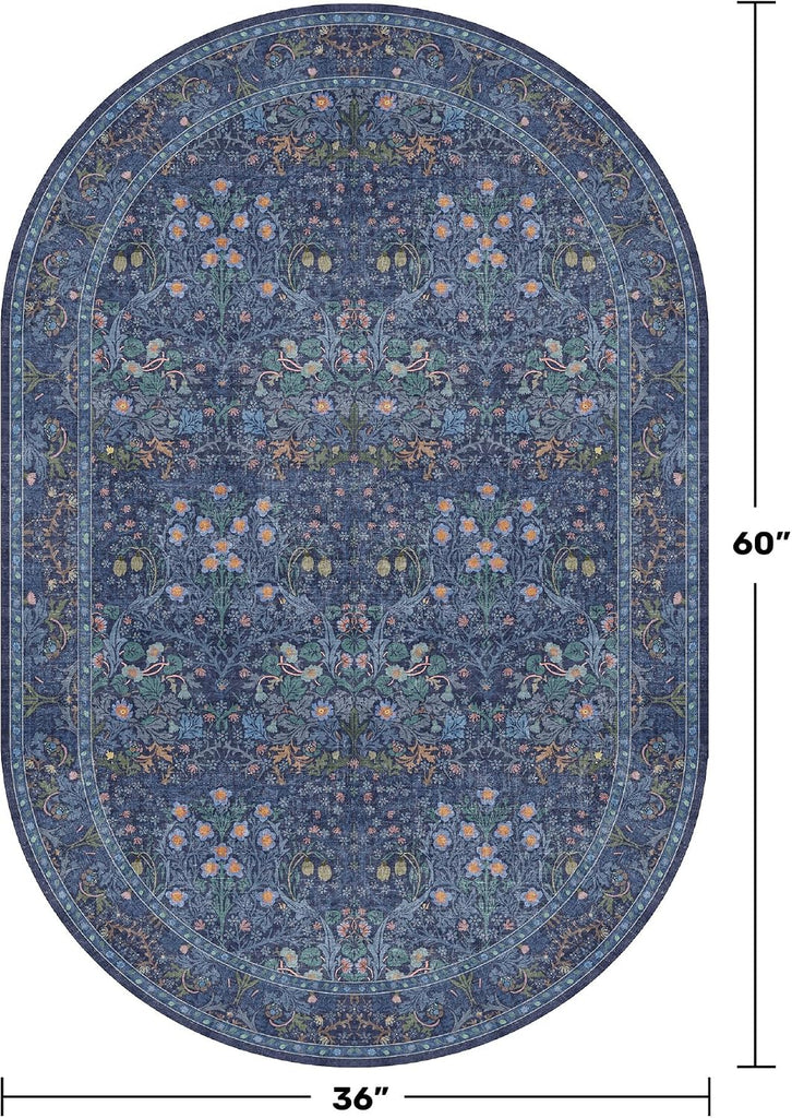 Vintage Dark Blue Oval Area Rug 3x5 Bedsdie, Entryway, Washable Rug, Laundry Room, Boho Non-Slip Low Pile Ultra Soft