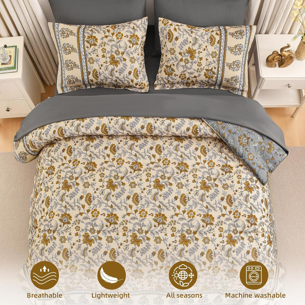 Boho Comforter Set,Beige Brown Bedding Paisley Floral 7 Piece Bed in a Bag Reversible Lightweight