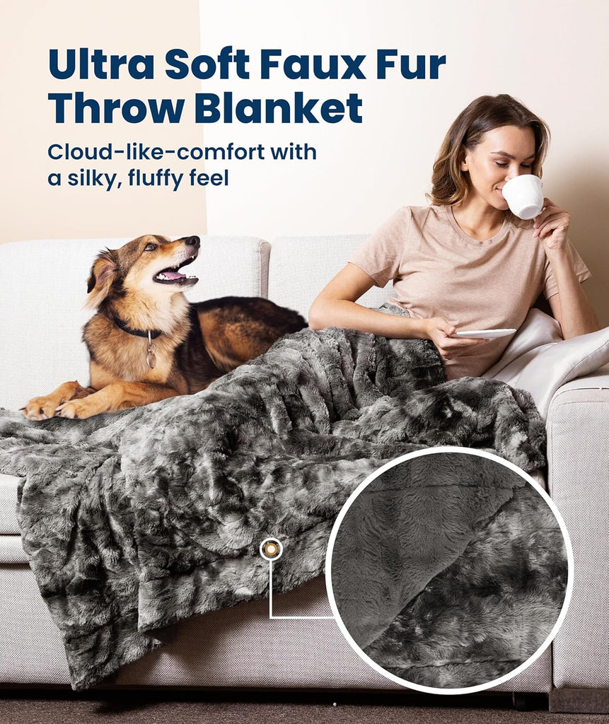 Soft & Comfortable Gray Faux Fur Throw Blanket, Plush Fuzzy Cover