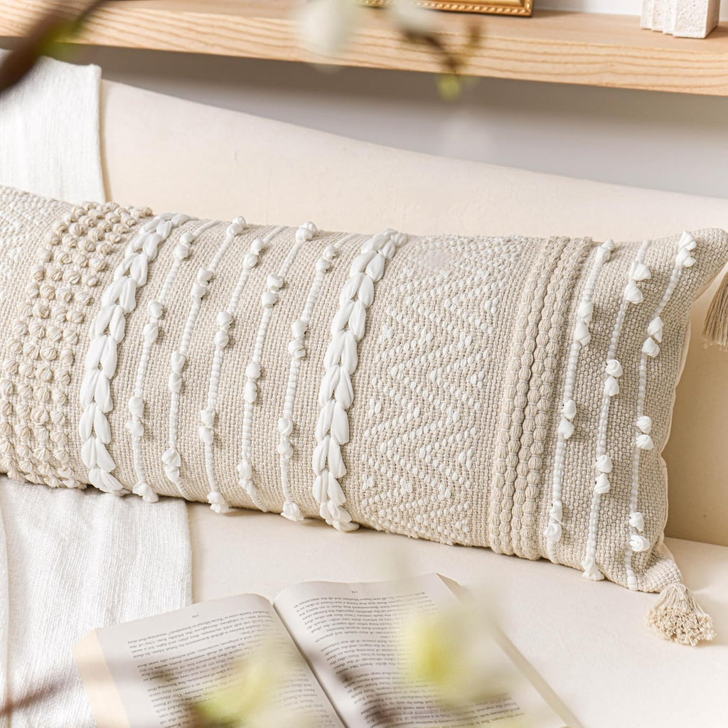 Cream Decorative Lumbar Throw Pillow Cover 14x36 Boho Long Cushion