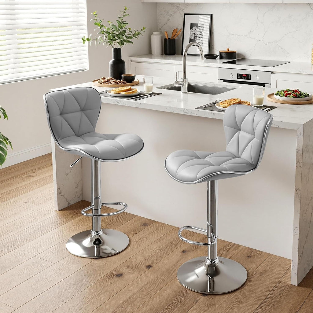 Bar Stools Set of 2, PU Leather Swivel Adjustable Barstools with Shell Back, Bar Chairs with Foma Padded, Light Grey
