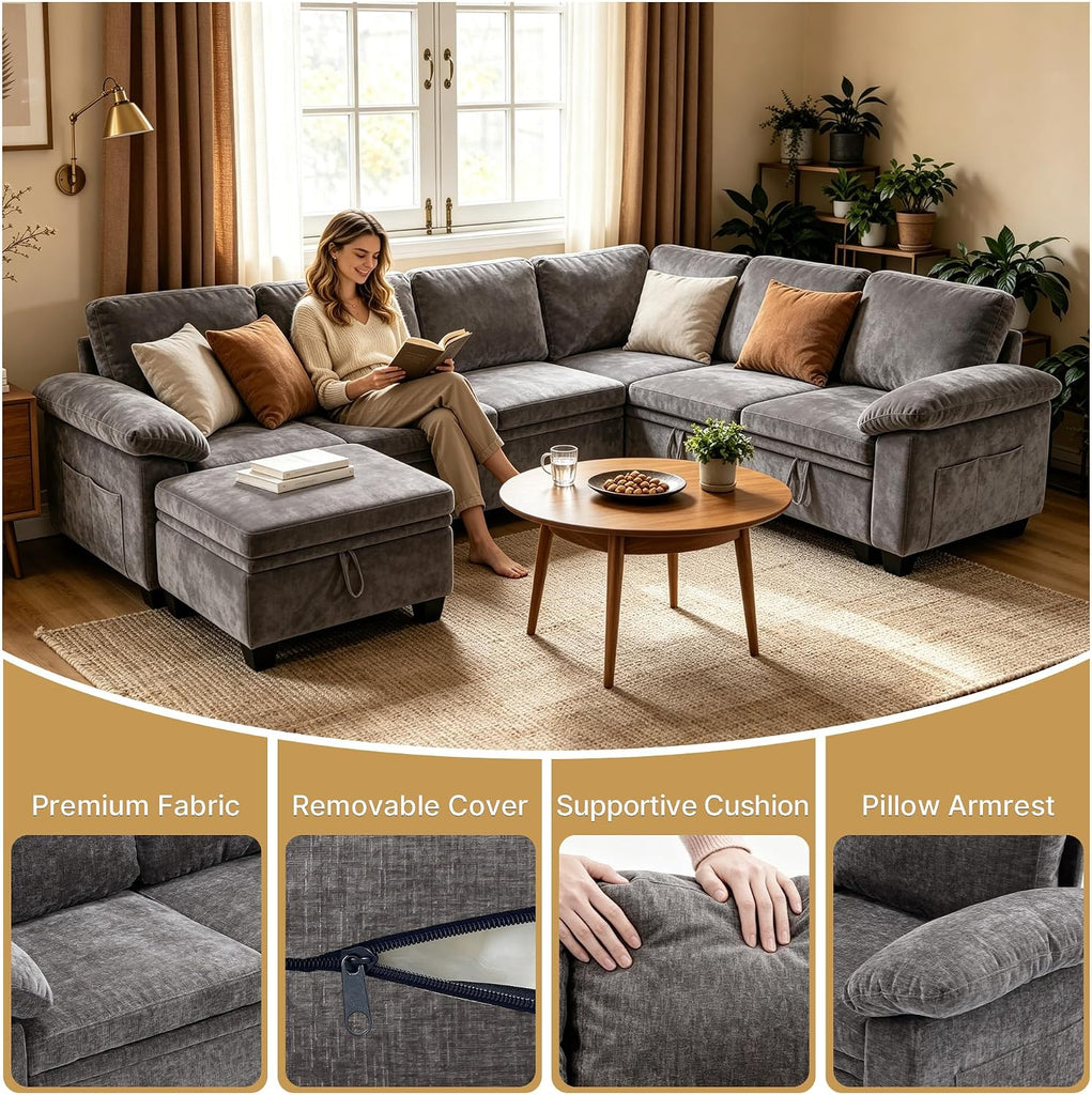 109" Modular Sectional Sleeper Couch,U Shaped 7 Seat Sofa Bed with Pull Out Bed, Cloud Couch with Pillow Armrest &