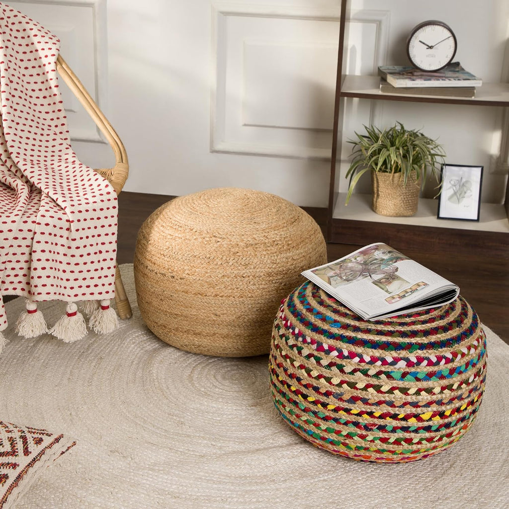 Braided Jute Cotton Pouf - Circular Boho Ottoman - Multi