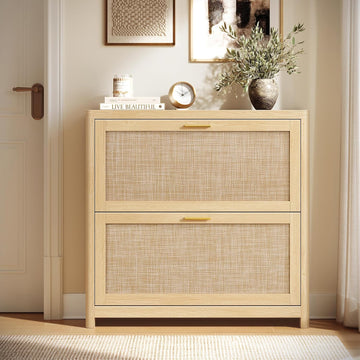 Boho Shoe Storage Cabinet Slim, Entry Shoe Cabinet with Rattan-Look Flip Drawers, Rounded Corners