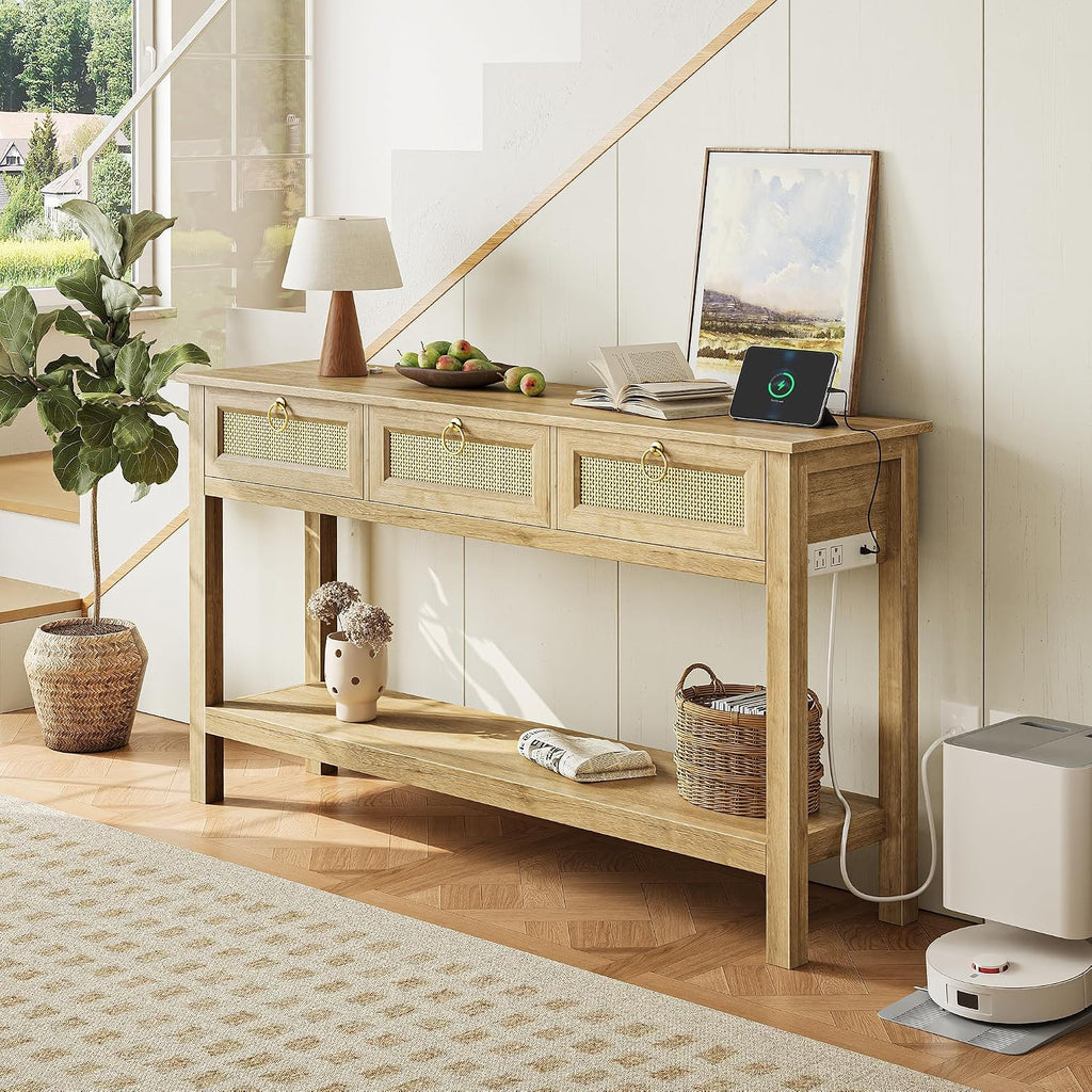 Rattan Console Sofa Table with Outlets and USB-C Port, 3 Drawer Entryway Table with Synthetic Rattan Surface, Open