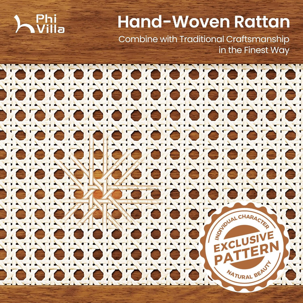 Rattan Queen Bed Frame with Headboard, Natural Solid Wood Bed Frames, Vintage Bedframe, No Box Spring Needed, Brown