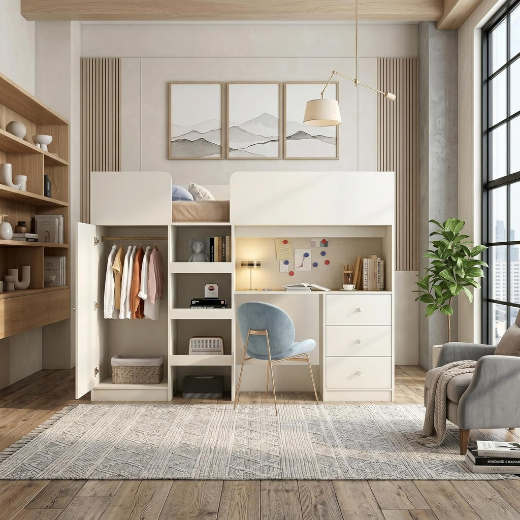 Full Loft Bed with Desk, Wood Full Loft Bed Frame with Built-in Wardrobe, Storage Shelves and Drawers, Beige
