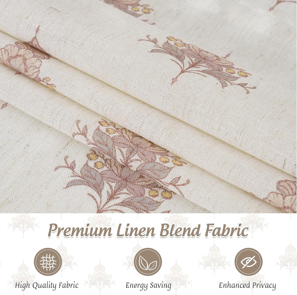 Cordless Floral Roman Shades for Windows, Magnetic Linen Textured Light Filtering Blind Vintage Elegant Print Window