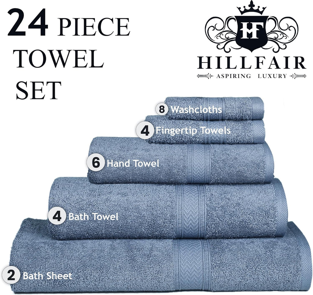 24 Piece Bath Towels Set - 100% Cotton 24 PC Bulk Pack Hotel Spa Towel Set- 2 XXL Oversized Big Towels, 4 Bath