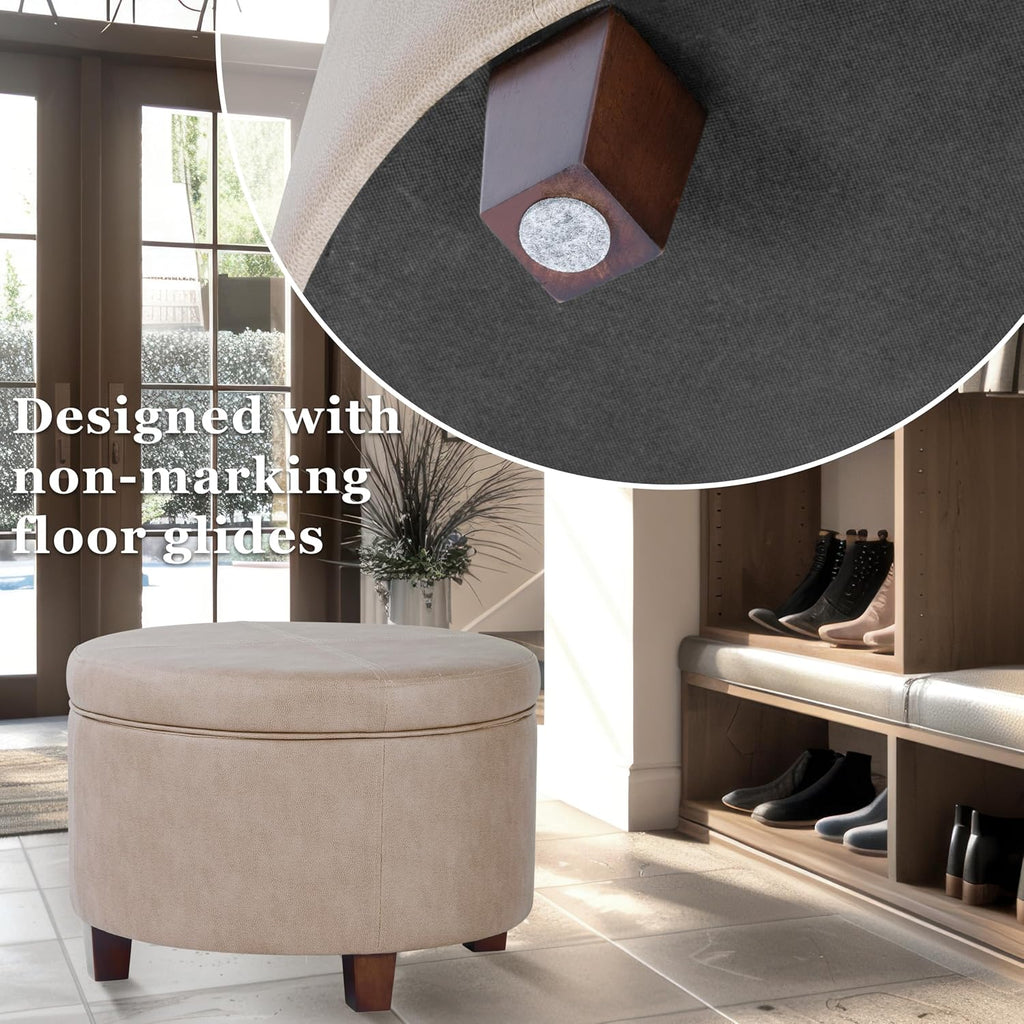 Home Decor | Upholstered Faux Leather Round Storage Ottoman | Ottoman with Storage , Taupe Brown