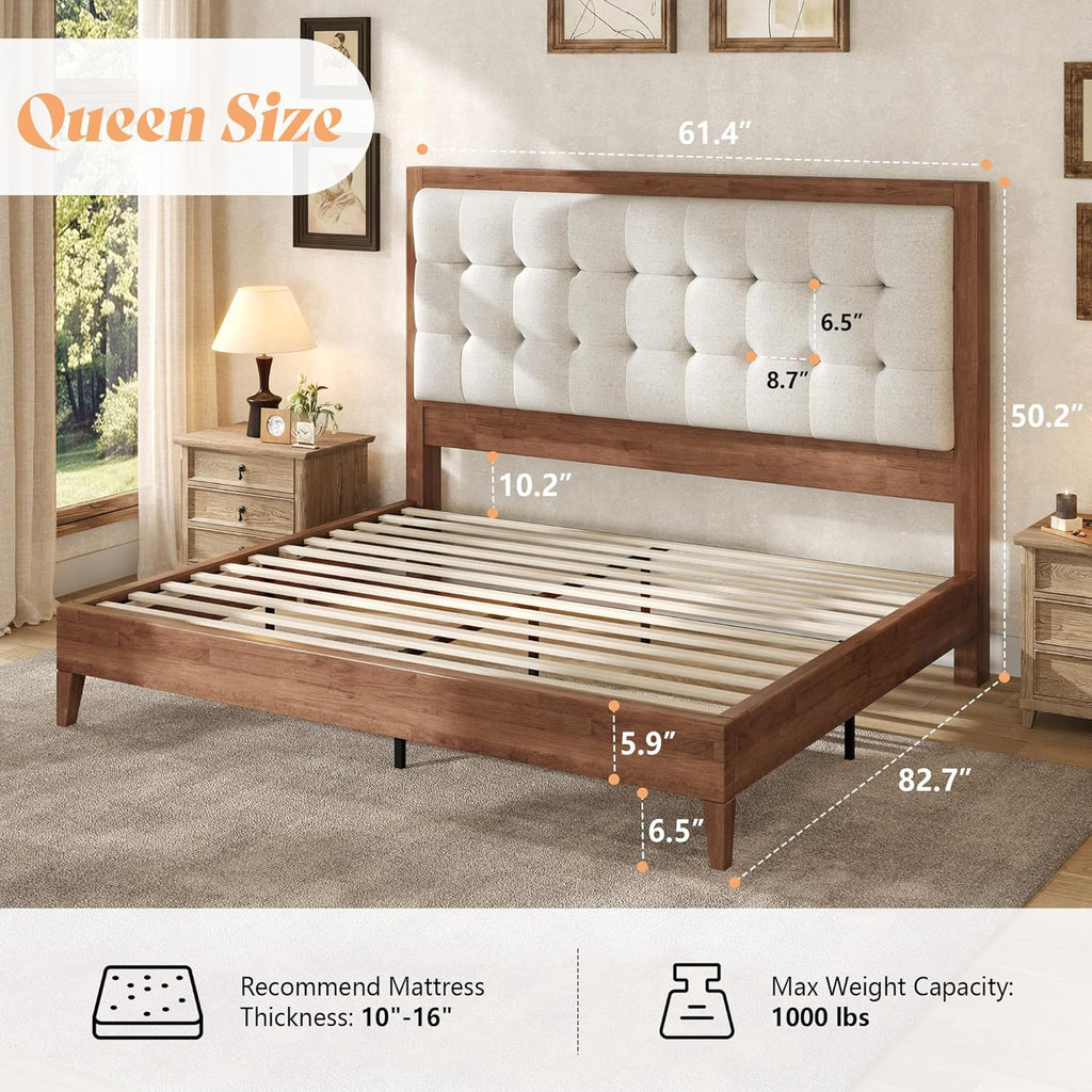 Queen Bed Frame with Headboard, Solid Wooden Bed Frame Queen Platform Bed Mid-Century Style, No Box Spring Required