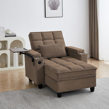 41.7" Chaise Lounge Sleeper Chair Bed, Convertible Recliner Sofa with 6 Level Adjustable Backrest, USB Charging, Cup