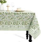 CPC Block Print Tablecloth Agate Green 90"x60" Rectangular 100% Cotton Reusable Table Cover, Everyda