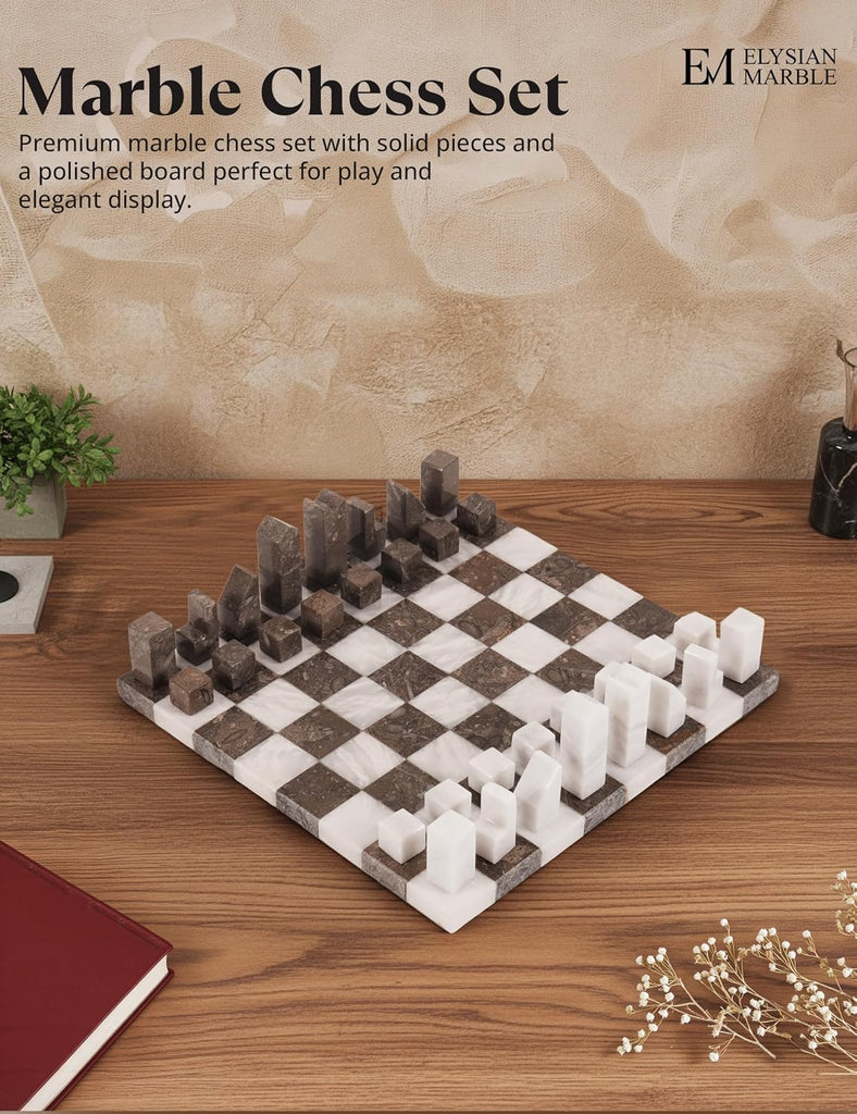 Modern Chess Set - Handcrafted Borderless Marble Chess Board with Minimalist Geometric Pieces, Luxury Decorative
