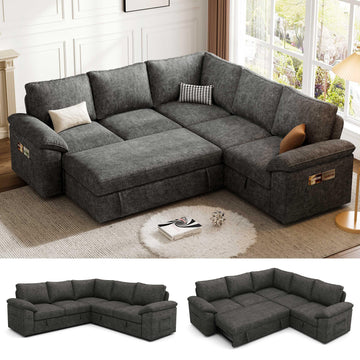 85'' Modular Sectional Sofa with Pull Out Bed, Sleeper Sofa, Dark Gray