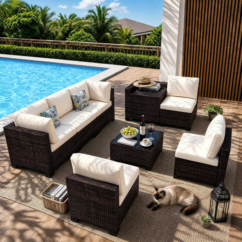 8-Piece Modular Patio Furniture Set with Storage Box Outdoor Sectional Sofa | Patio Conversation Set with Coffee