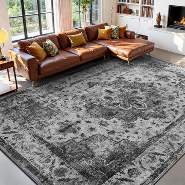 Boho Washable Rug 8x10, Black Vintage Non Slip Area Rug, Distressed Indoor Carpet for Living Room Bedroom Kitchen Office