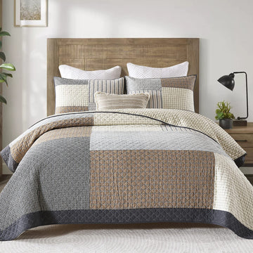 Quilt 100% Cotton Lightweight Soft Quilt Real Patchwork Plaid Quilted Bedspread Brown Beige Gray