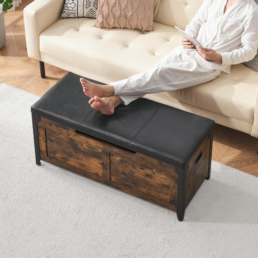 Storage Chest, Wooden Storage Trunk with Metal Frame, Entryway Shoes Bench with Cushion, Large Storage Organizer