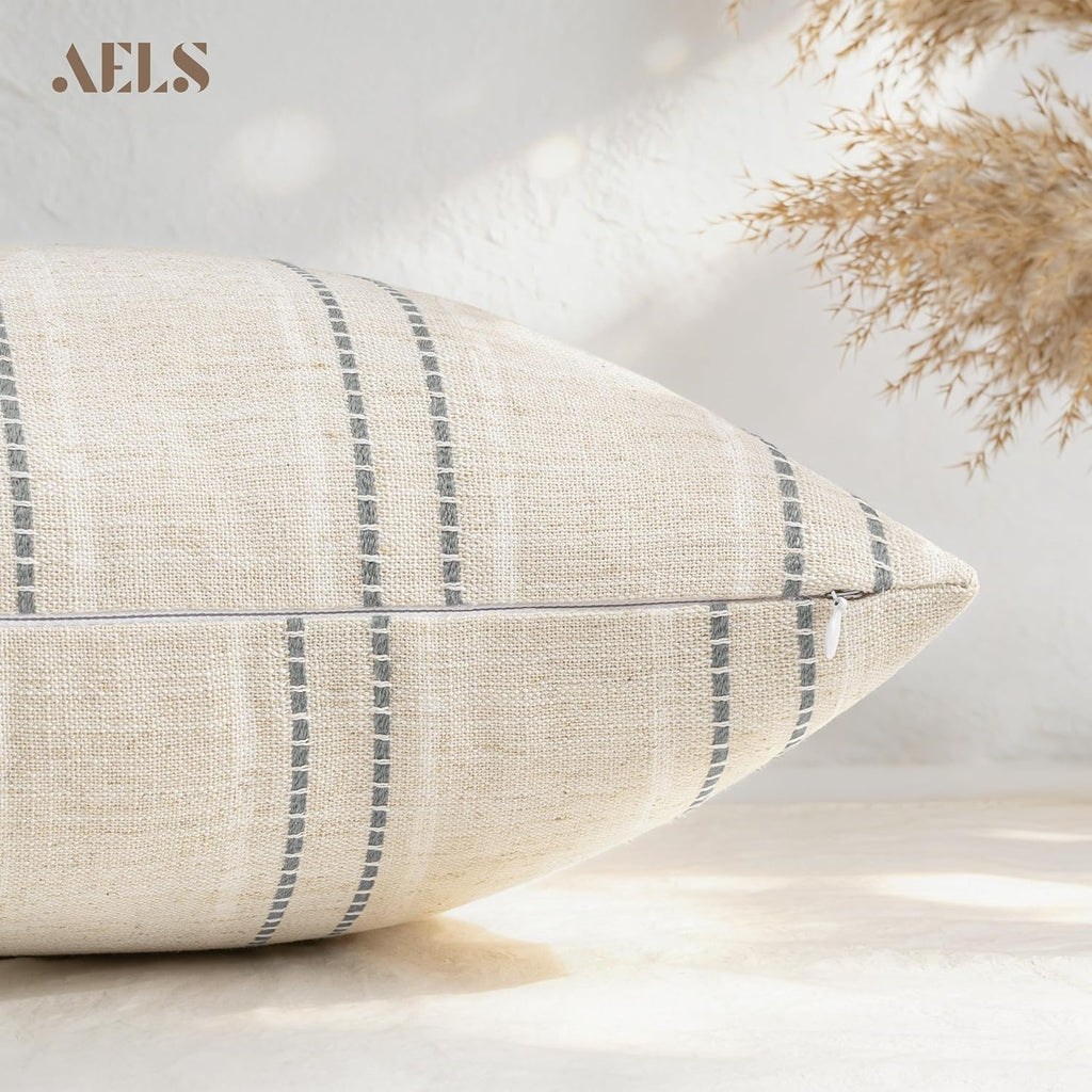 18x18 Decorative Farmhouse Linen Blend Throw Pillow Covers, Boho Textured Pillow Case, Set of 2, Beige with White & Gray Stitch Yarn Dyed Stripe Cushion Cover for Sofa Living Room (Cover ONLY)