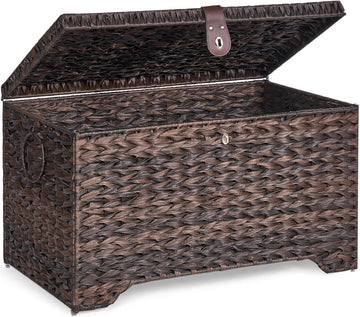 165L Handwoven Wicker Storage Basket with Lid, Large Storage Trunk | Leather Buckle Closure; Waterproof PP Wicker;