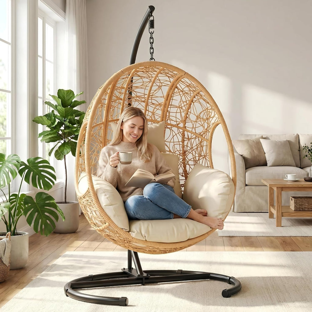 Oversized Hanging Egg Chair Outdoor Indoor, Wicker with Stand 400lbs Capacity , Garden and Balcony (Beige-nest