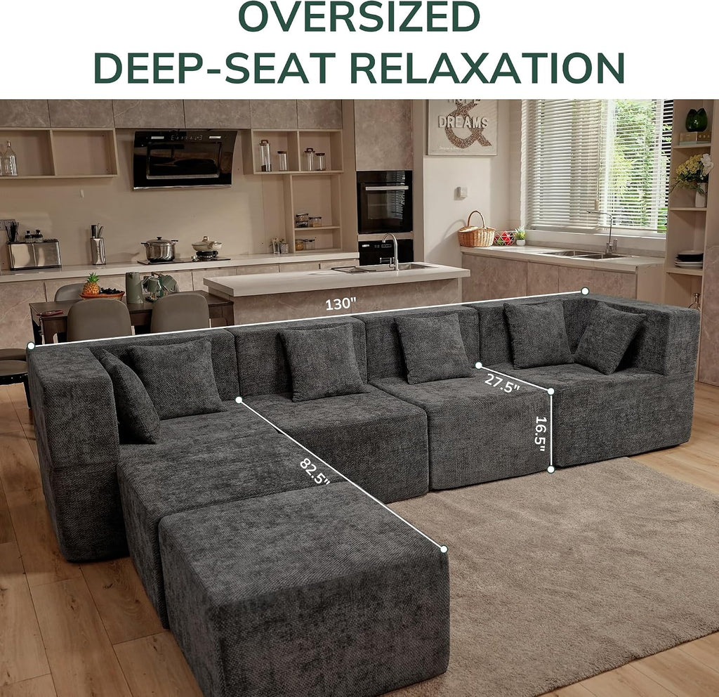 Modular Sectional Cloud Couch - 130'' 6 Seater Convertible Chenille Couches Set with Ottoman, No Assembly Compression