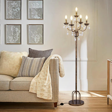 Bronze Crystal Floor Lamp, 5 Lights Vintage Farmhouse Standing Corner Lamp with Foot Switch, 65" Tall