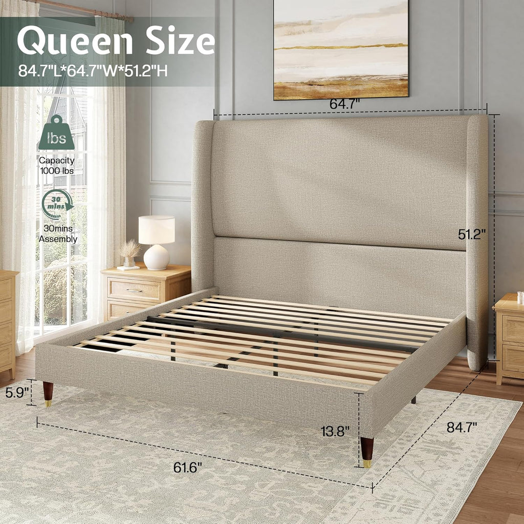 Queen Bed Frame 51.2" Wingback Headboard Linen Upholstered Platform Bed with Solid Wood Legs & Wooden Slats