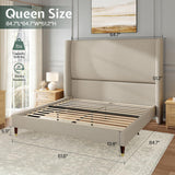 Queen Bed Frame 51.2" Wingback Headboard Linen Upholstered Platform Bed with Solid Wood Legs & Wooden Slats